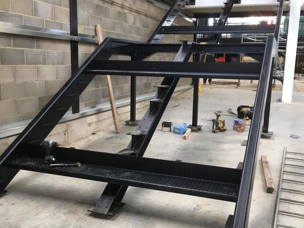 Steel staircase under fabrication in the workshop