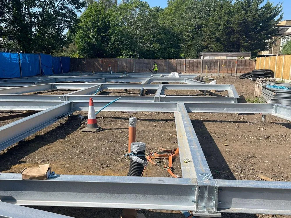 Steel framework being set out on site
